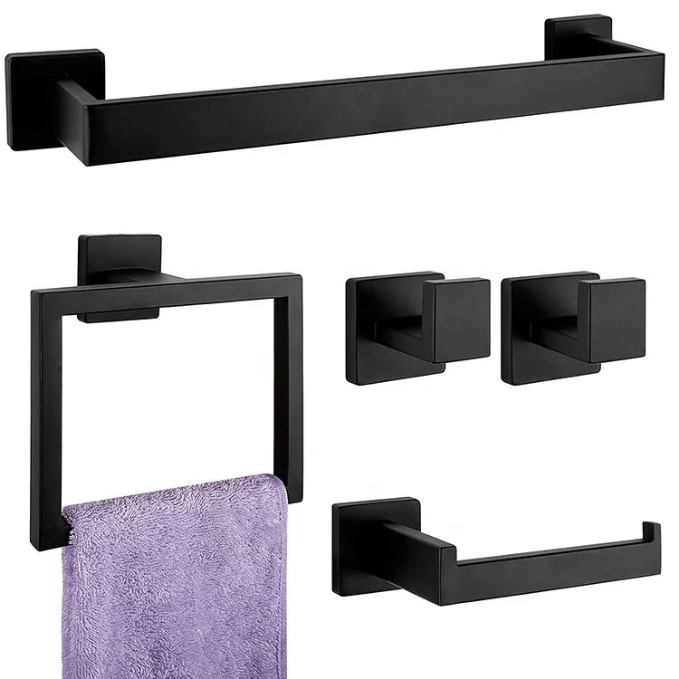 5-Pieces Matte Black Wall Mounted Bathroom Hardware Accessories Set Stainless Steel Bath Towel Bar Set