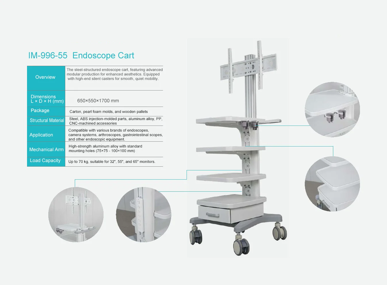 Advanced Medical Endoscope Trolley With Hydraulic Arm for 26 to 32 Inch Monitors