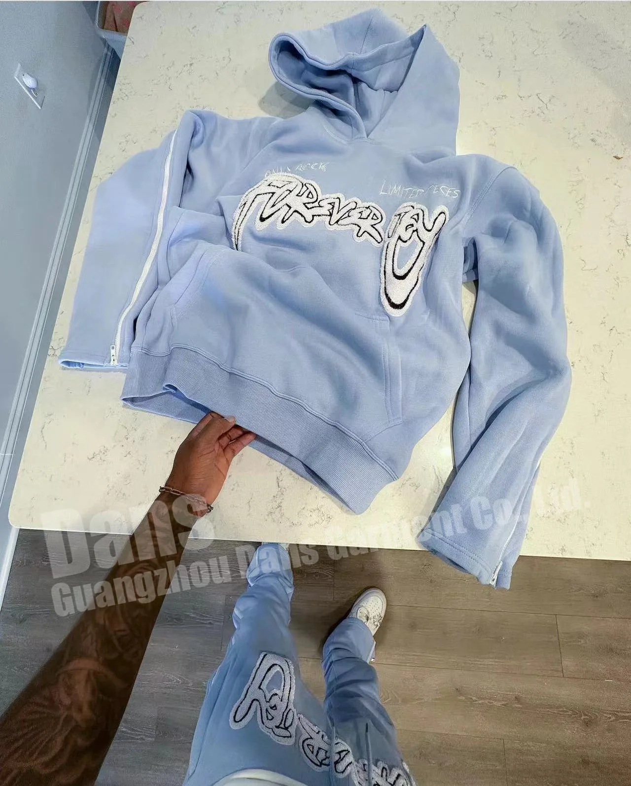 Custom Sweat Pants Sweatsuit Chenille Embroidery Jogger Tracksuit Fleece Cotton Stacked Flare Sweatpants And Hoodie Set For Men