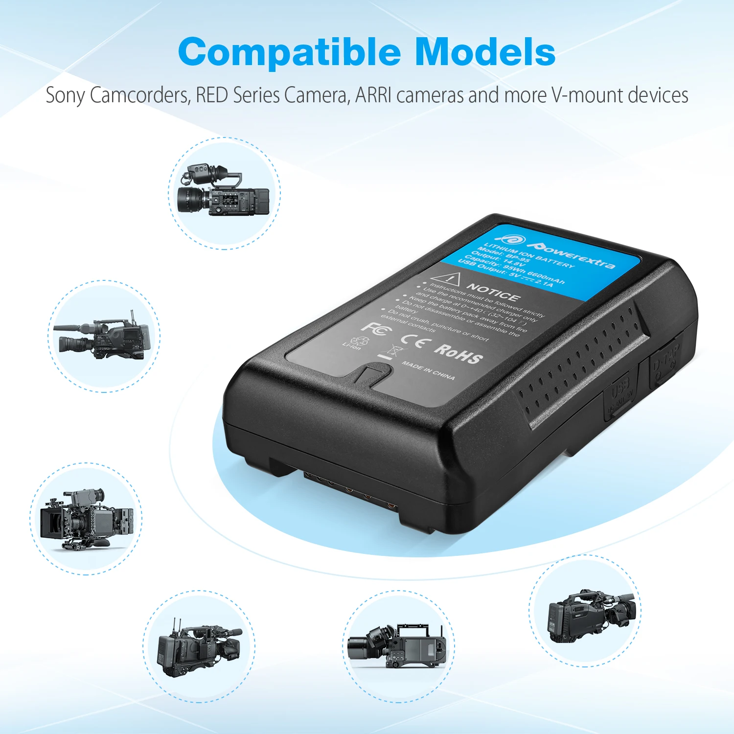 Independent 5V/2.1A USB Output 6600mAh 95Wh 14.8V V Mount V-Lock Camera Battery With D-tap Charger