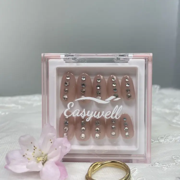 Luxury Bling Pink High Quality  False 3d Acrylic Design  Custom Press On Nails With Rhinestones And Box