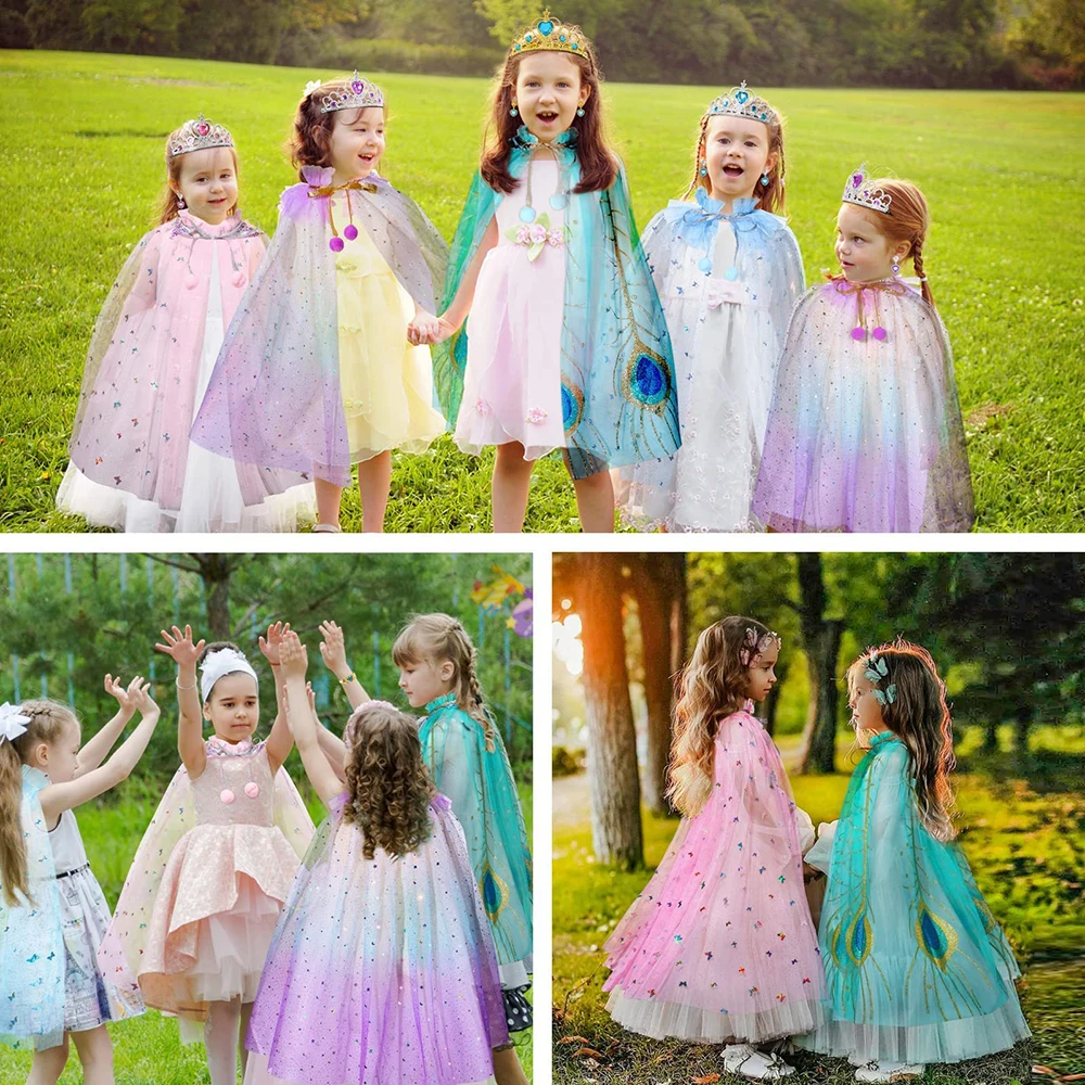 CM054 Wholesale Princess Fancy Dress Girls Sequin Cape Cloak Tiara Crown Magic Wand Necklace Earrings Bracelet Set
