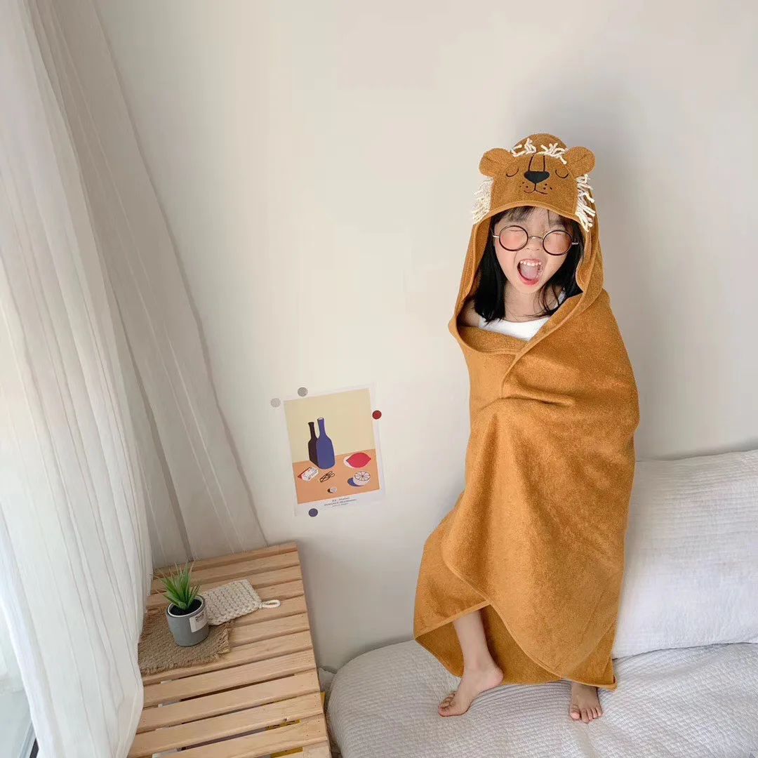 Оптовая продажа, Комплект высококачественных полотенец для ванны с отбеливателем и вышивкой в виде животных, пляжное полотенце с капюшоном из 100% хлопка