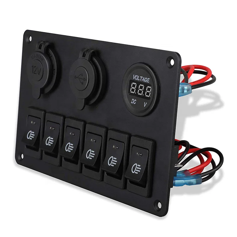 DC 12V Dual USB Charger Digital Voltmeter Waterproof Boat Marine Rocker Switches 6 Gang Auto Switch Panel