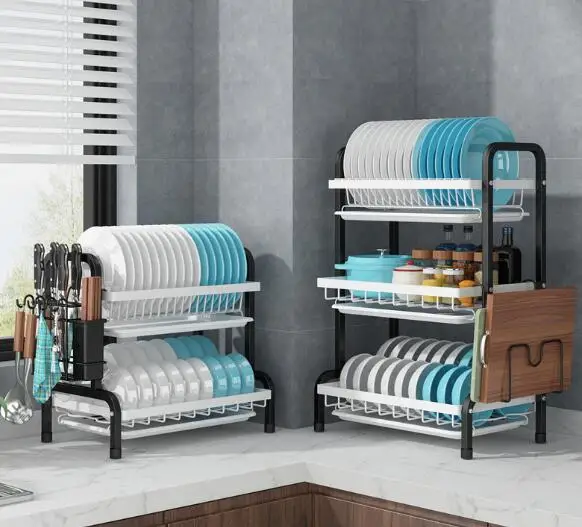 2-Tier  3-Tier Metal Dish Drying Drainer with Cutting Board Holder, Large Dish Rack for Kitchen Counter Organizer