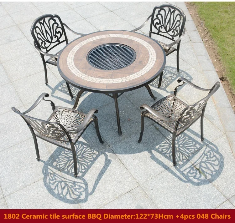 Round Wood Burning Garden Cast Aluminum Wrought Iron Furniture Outdoor Korean BBQ Grill Table and Chair Sets