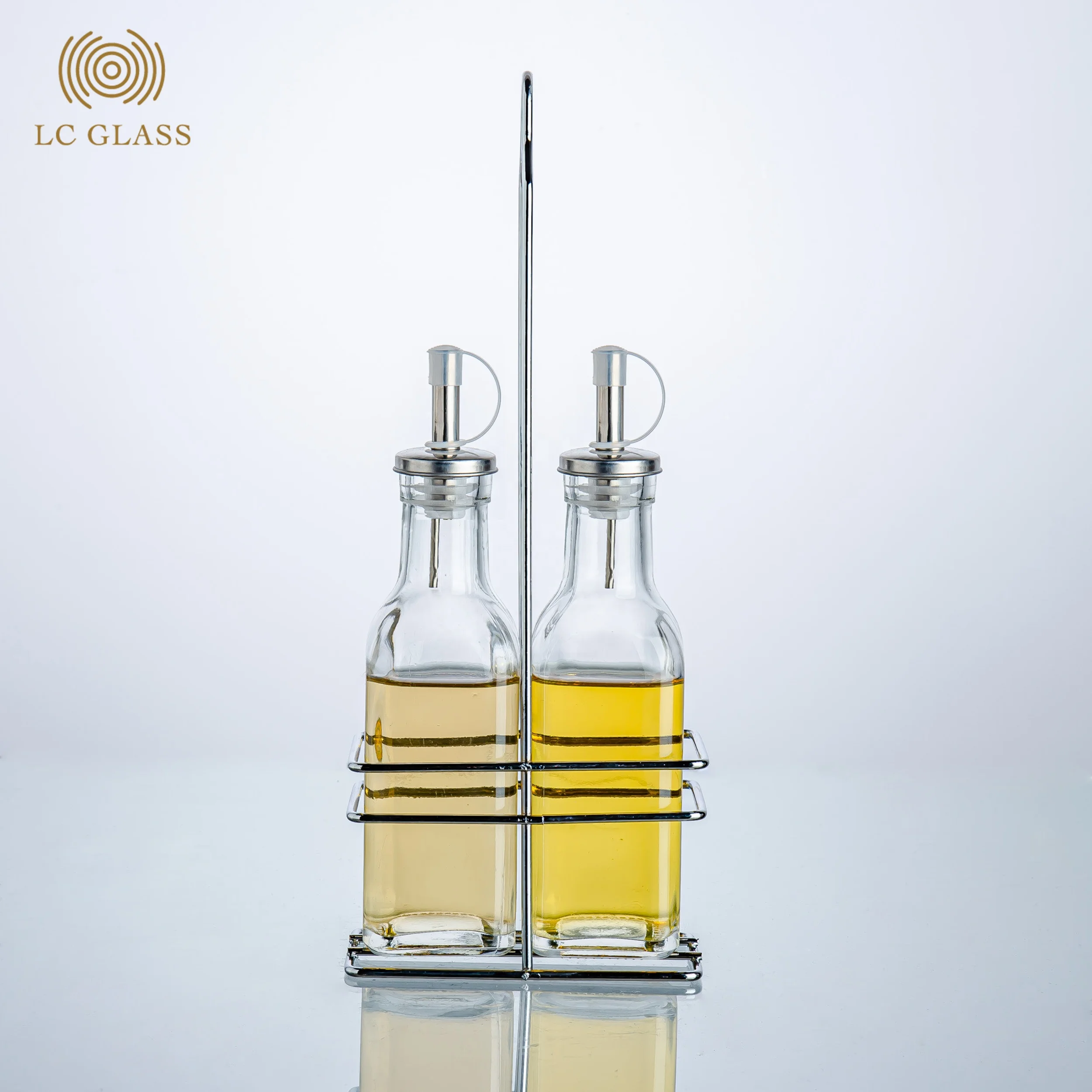 250ml Olive Oil Vinegar Soy Sauce Glass Bottle Dispenser Set With Iron Stand