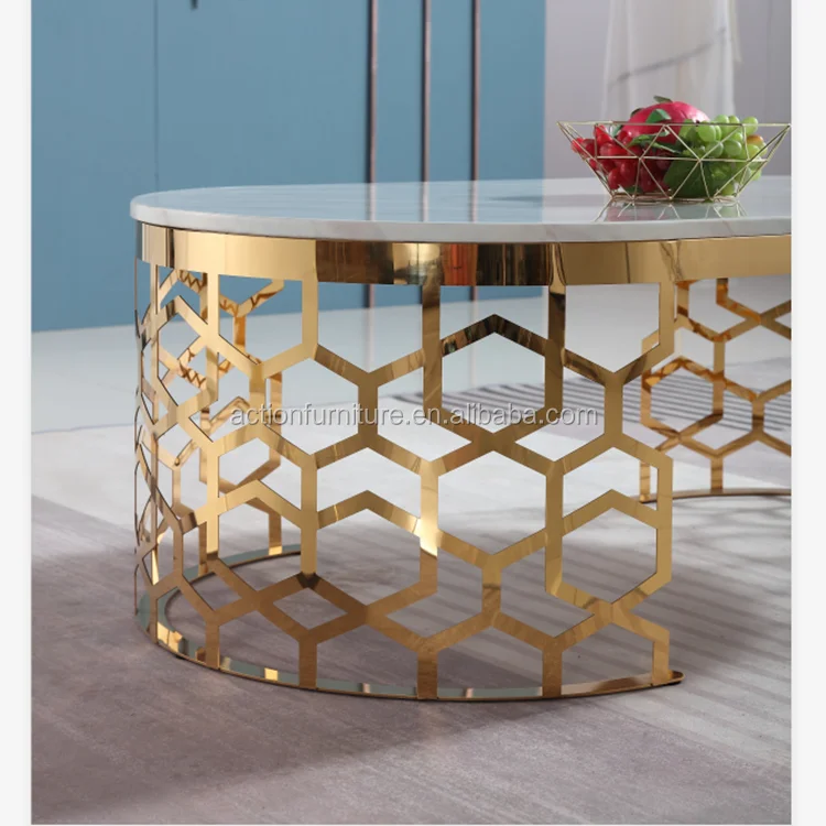 Hot Sale Stainless Steel Metal  With Round Marble Top White Coffee Table Side Table Chairs Set Center Table