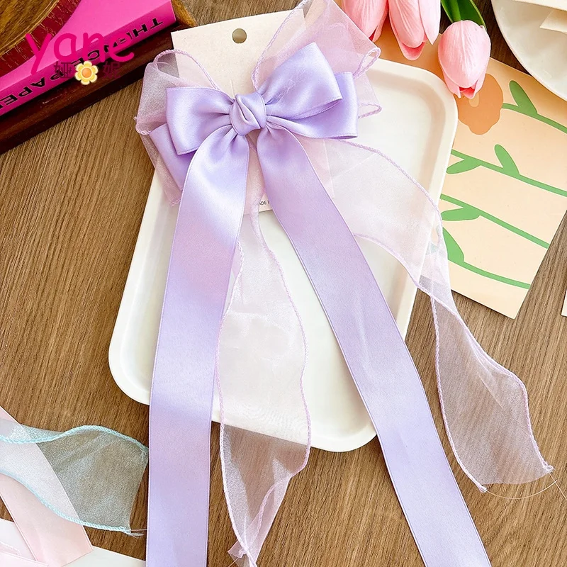 Girls long ribbon bow knot hair clip solid color double layer bowknot hair accessories