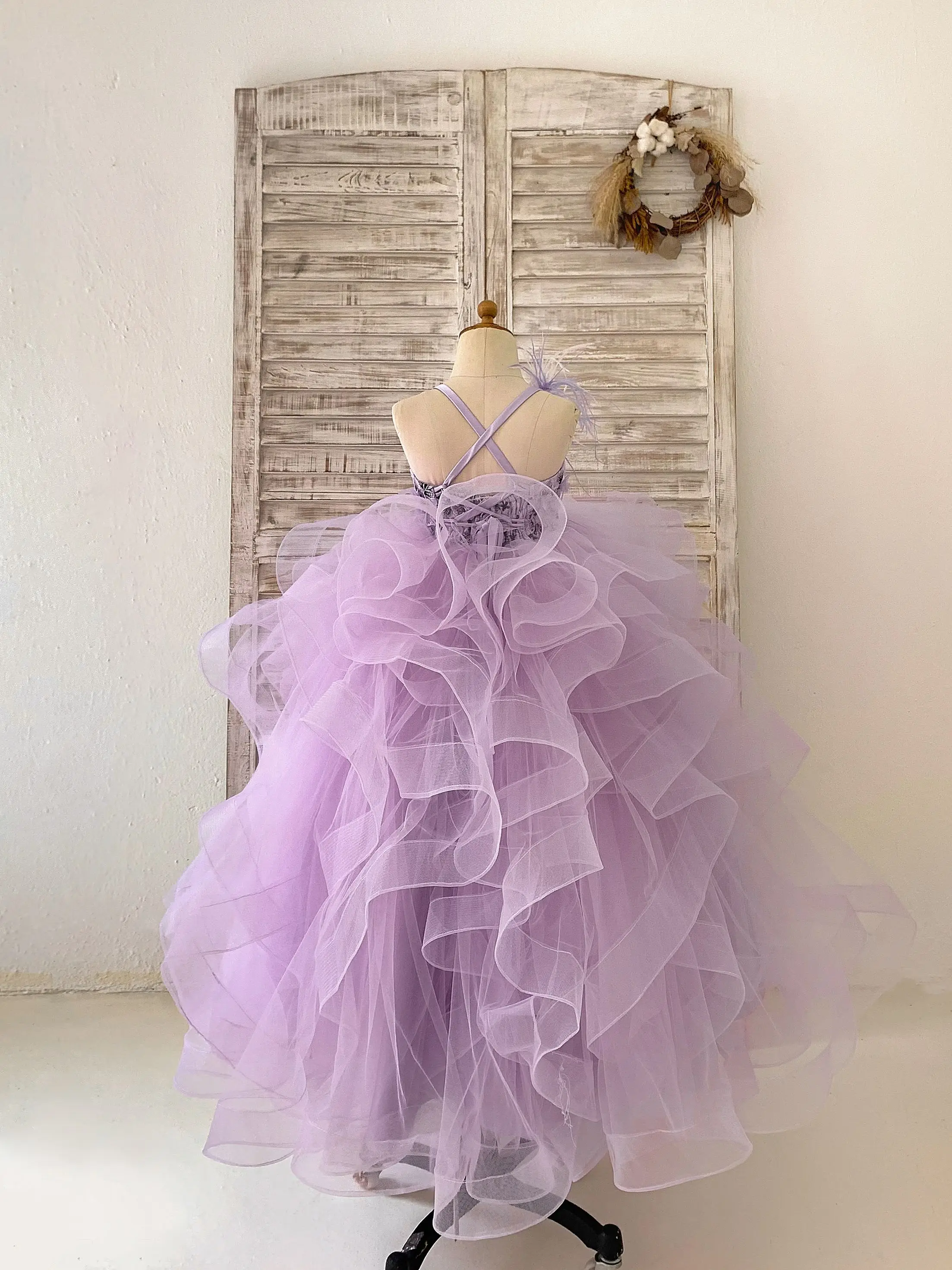 Lavender Tulle 3D Beaded Lace Wedding Flower Girl Dress Kids Party Dress Princess Birthday Gown Puffy Couture Dress