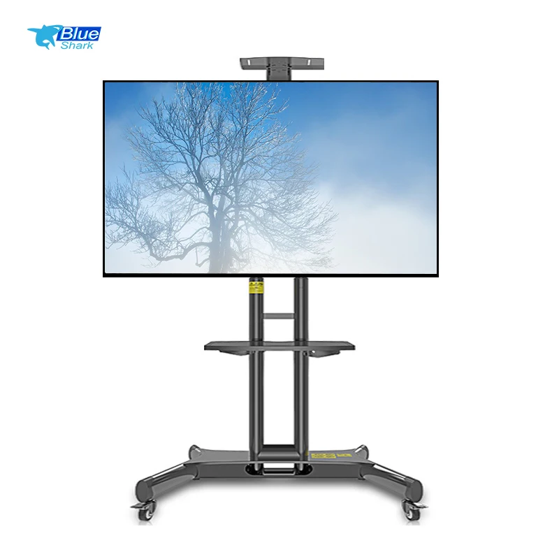 32-65 Inches SPCC Steel Mobile TV Cart Height Adjustable Black Color Office Classroom Showroom TV Rotate Stand with Wheels