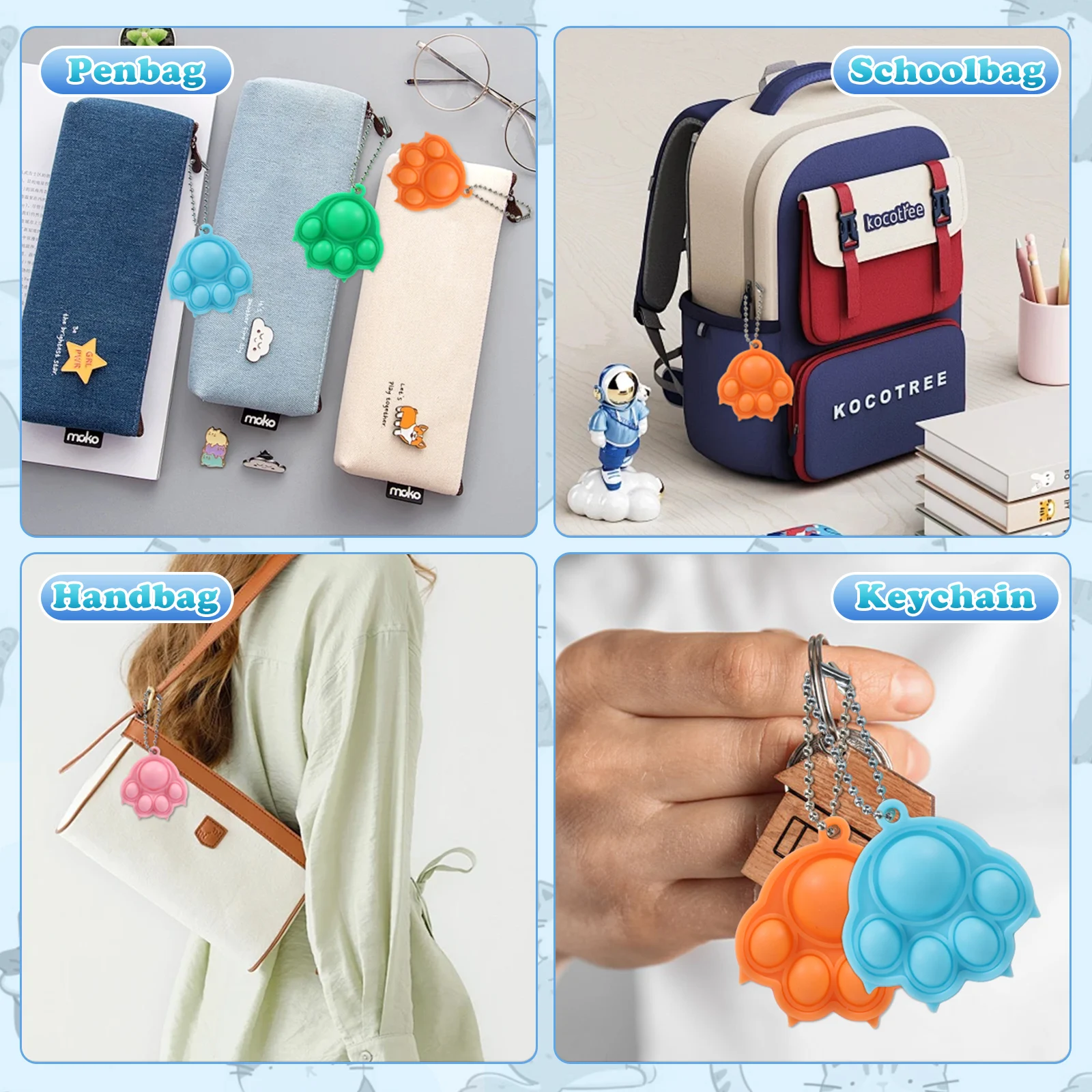 30 PCS Pop Fidget It Keyrings, Mini Silicone Cat Claw Design Pop Sensory Toys, Birthday Class Gifts Party favour for Girls Boys