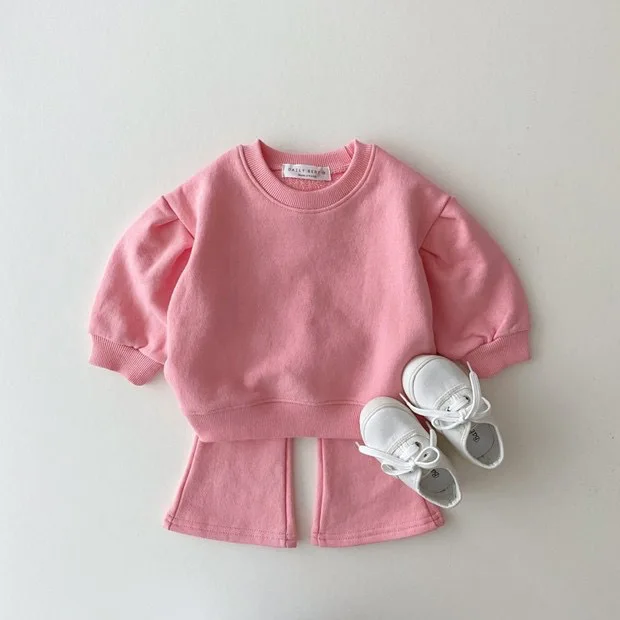 Korean Style Girls Clothes Set Fashion Solid Sweatshirt Top Flare Pants Suit Newborn Toddler Clothing Tracksuit Sets Streetwear