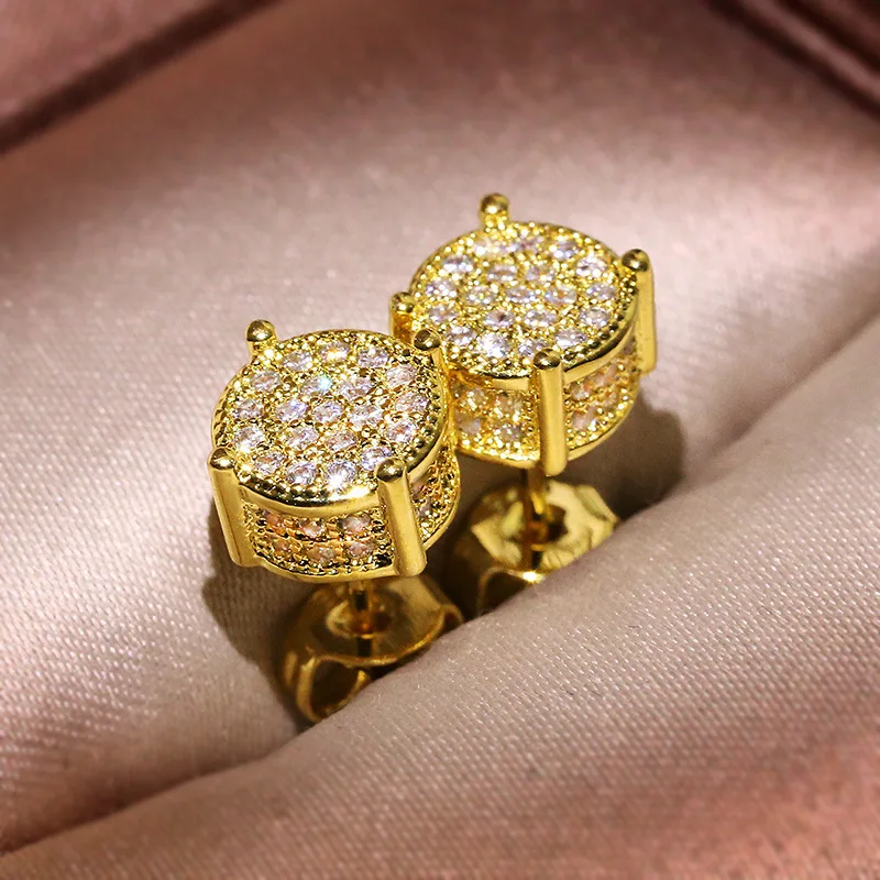 New Bling S925 Gold Silver Zircon Stone Round Stud Earrings Hip Hops Cz Crystal Earring For Women
