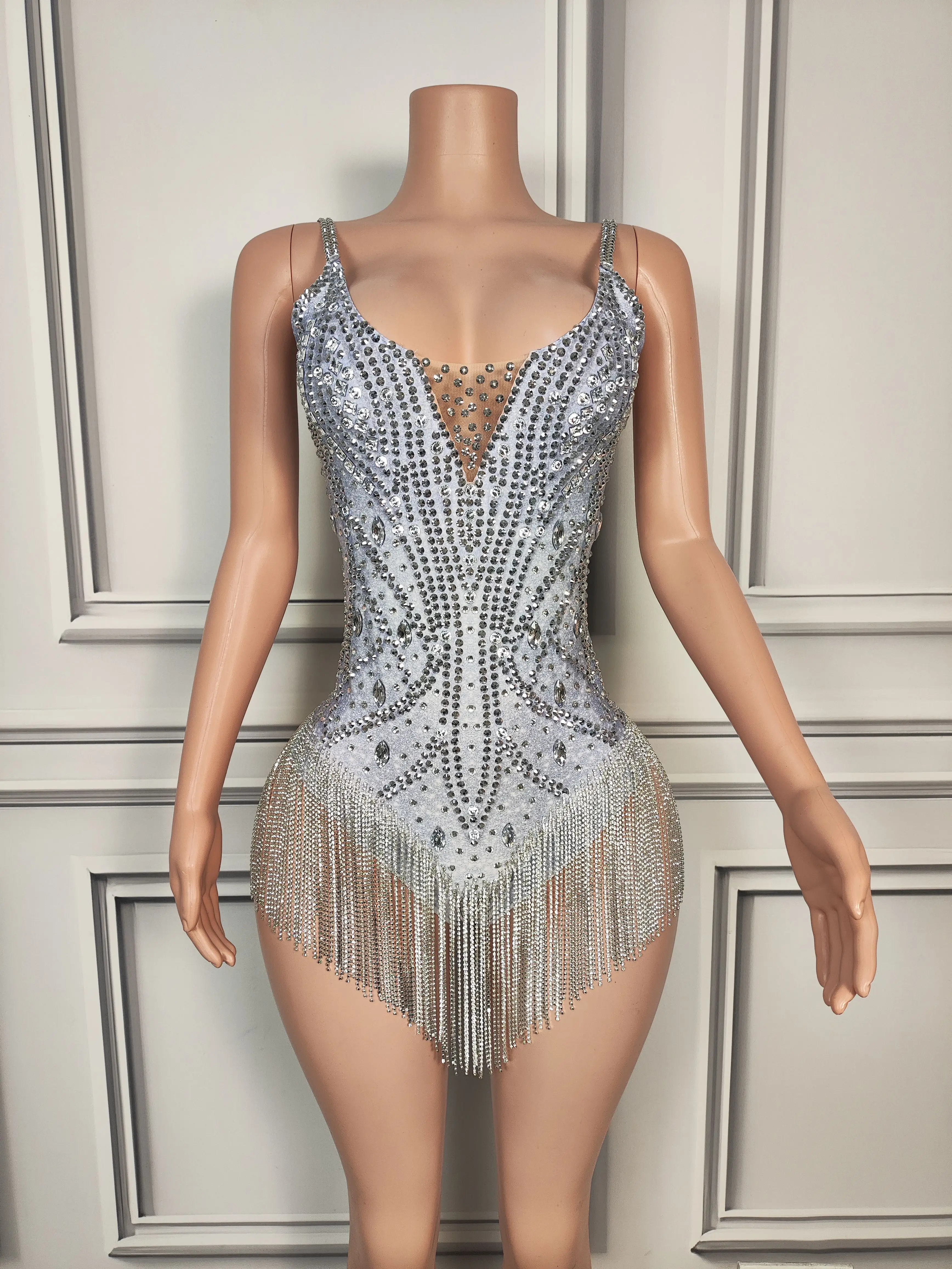 Sexy Silver Rhinestone Chains Tassel One Piece Jumpsuit Women Pole Dance Leotard Show Festival Outfit Stage Performance Bodysuit