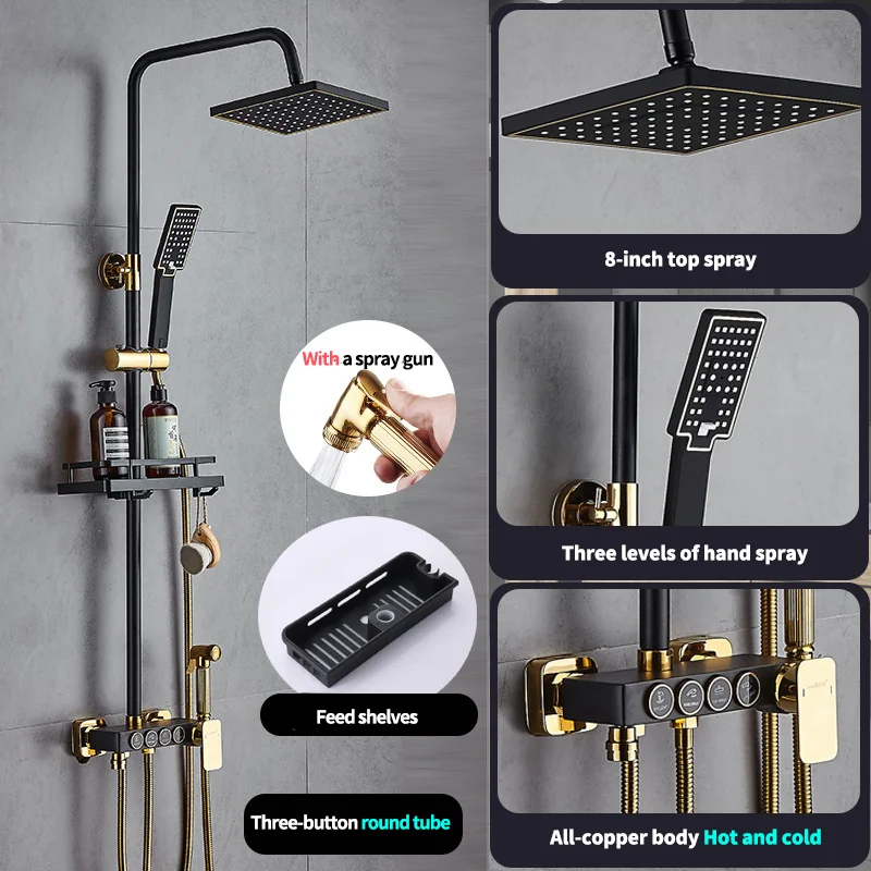 Leton Square Bathroom Shower System Hot Cold Bathroom Tap Thermostatic Black Gold Shower Set