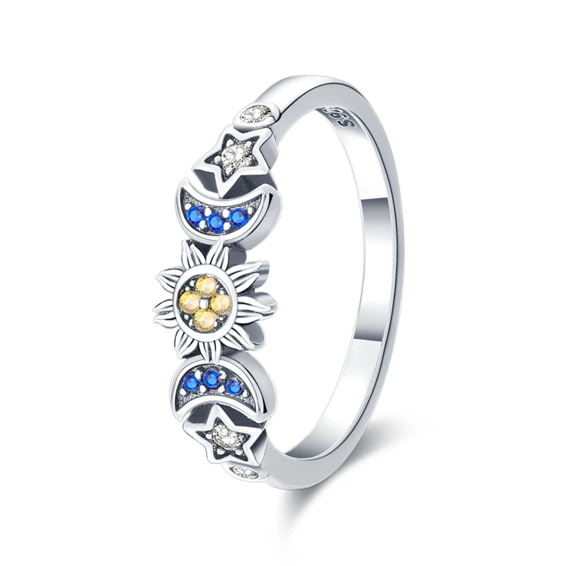 100% 925 Silver Square Zircon Blue Star Moon Sun Galaxy Series Original Charm Sparkling Fashion Rings Europe Jewelry Wholesale