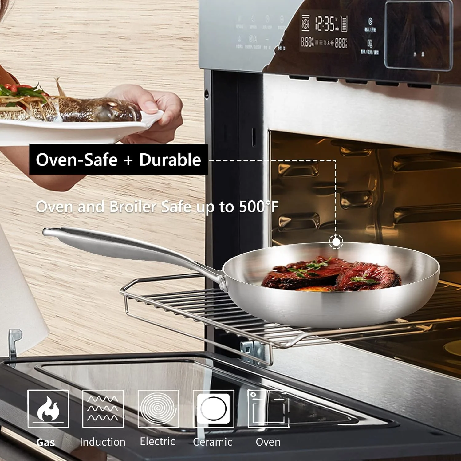 New High Quality 12-inch Tri-Ply Stainless Steel Skillet, Pan, Induction, with Glass Lid, Dishwasher and Oven Safe