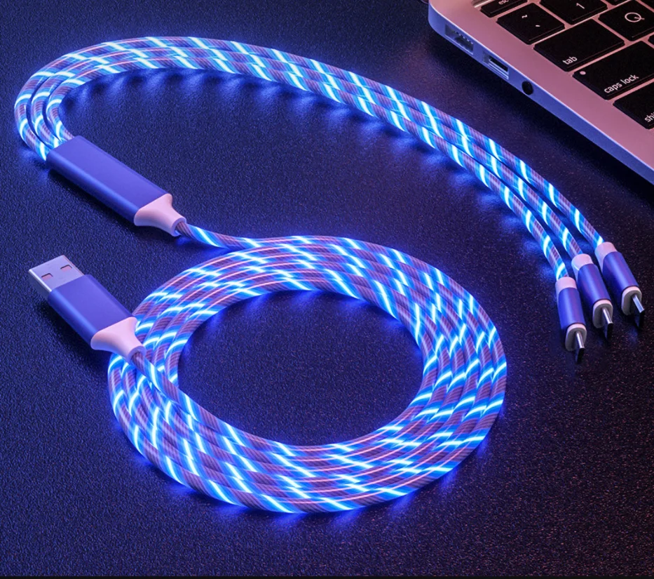 Amazon 3 In 1 Led Glow Flowing Charger Usb Led Cable v8 Micro Usb Type C 8 Pin Charging For Iphone All In One Data Cable