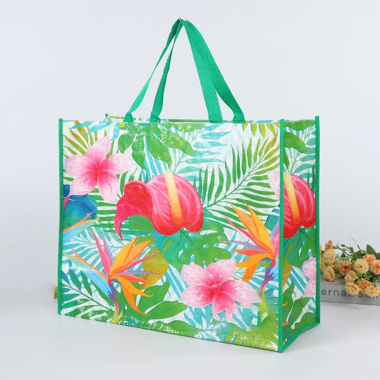 Hot Exhibition Waterproof Pp Laminated Woven Green Flower Manufacturer Low Price Extra Large Shopping Bag