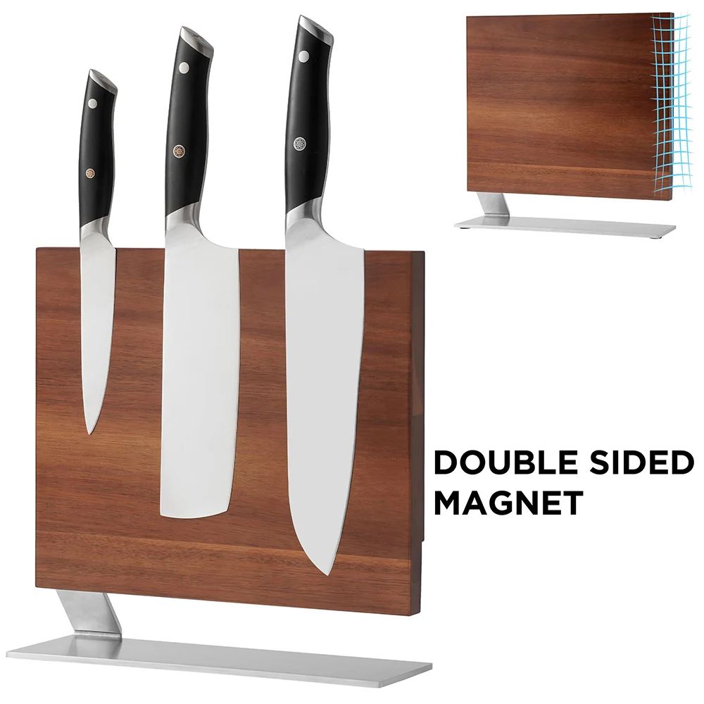 Double Sided Magnetic Knife Block Knife Holder Rack with Strong Magnets Acacia Wood Enhanced Stainless Base Knife Storage Stand