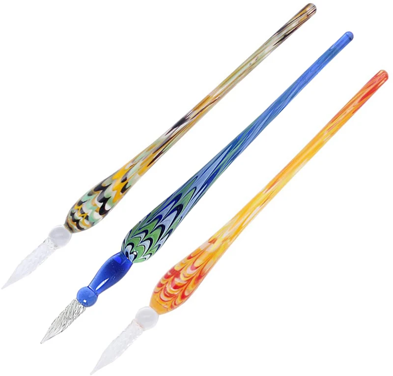 Wholesale Ribbon Glass dip pen Glass Handmade Murano Lampwork Spiral Nib Tip Dip Pen with Penholder for office Tableware Decor