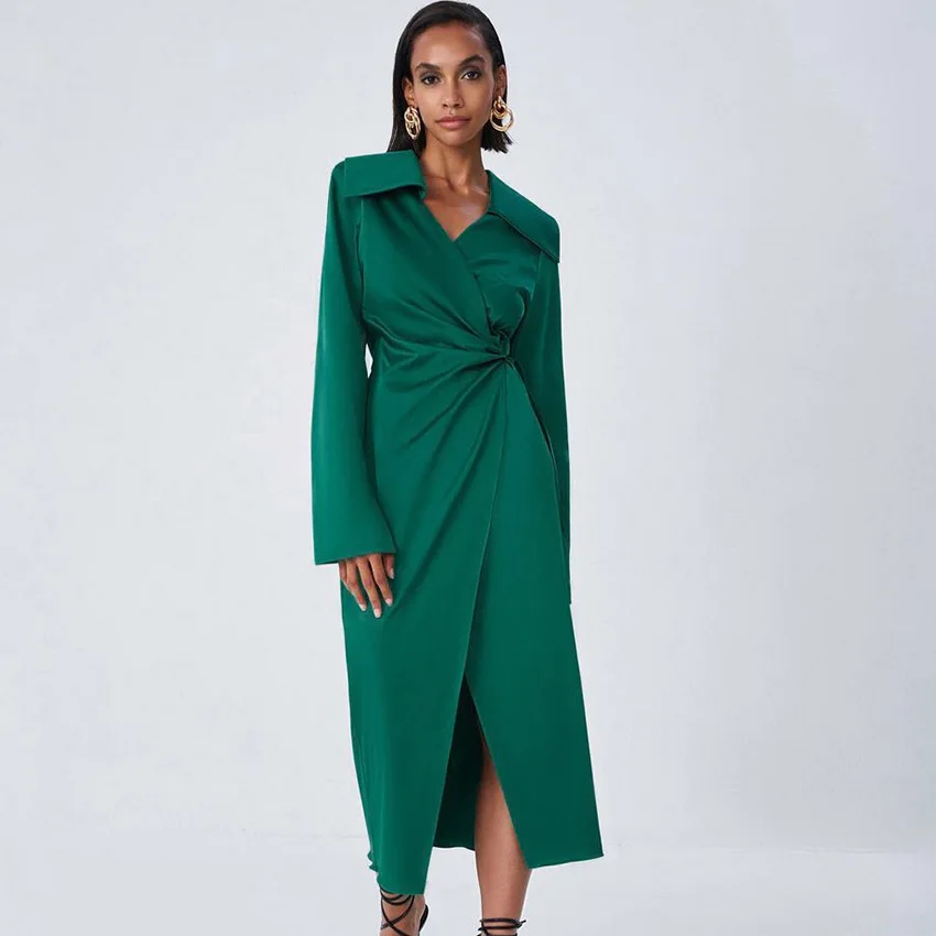 custom logo green satin dress long sleeve tie v neck slit women clothing fashionable party prom ladies length dresses