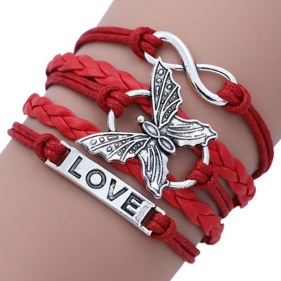 AA018820 Vintage Handmade Multilayer Leather Bracelet With Letter Love And Butterfly For Men And Women