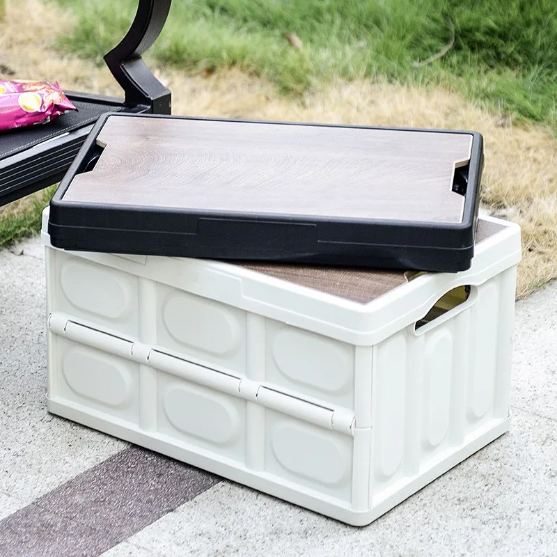 QM 30L foldable plastic storage stackable box camping folding box folding storage organizer with wood lid and handle