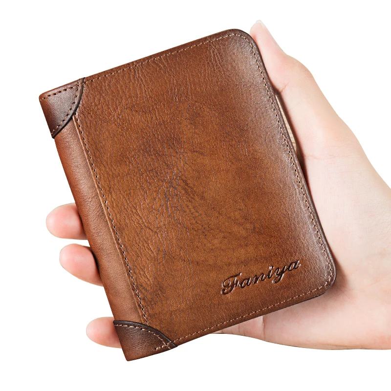 Brown Full Grain Genuine Leather Short Wallet Men Crazy Horse Anti Rfid Blocking Pure Leather Bifold Wallet For Man