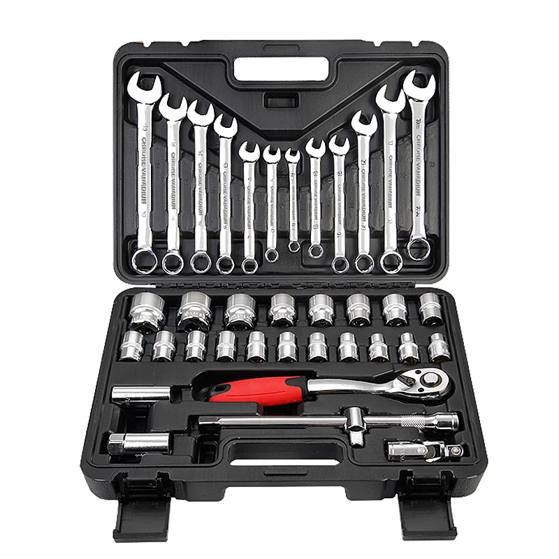 37pcs manufacturer chrome vanadium 24T ratchet wrench socket set auto repair tool box hand household removal tool set