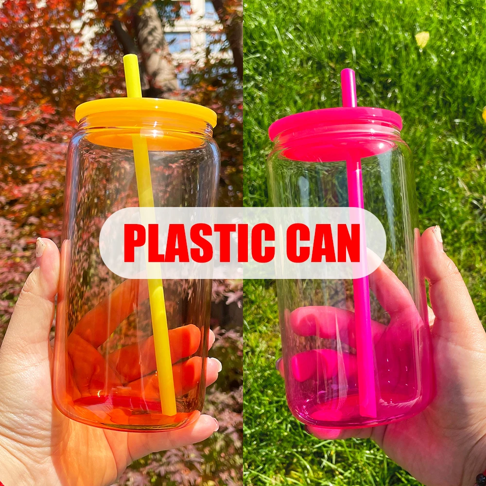 USA Warehouse Kids Gradient Colored Acrylic Beer Cups Can Ombre Jelly 16oz Plastic Can Water Bottle With Colorful Pp Lids