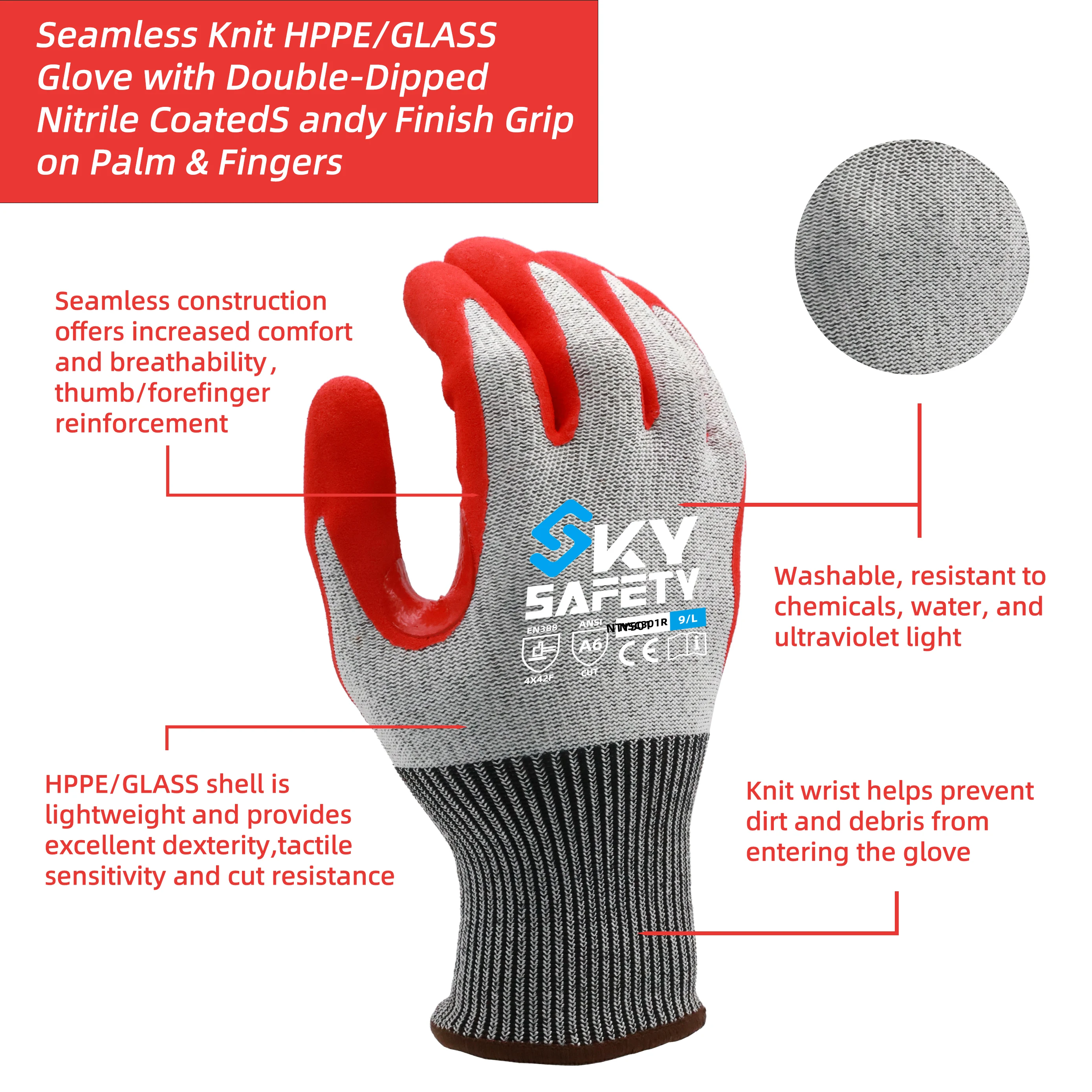 SKYEE Durable CE 13G Cut Resistant Gloves Anti Cutting A3 NBR Reinforced Thumb Crotch Nitrile Dipped Cut Proof Gloves