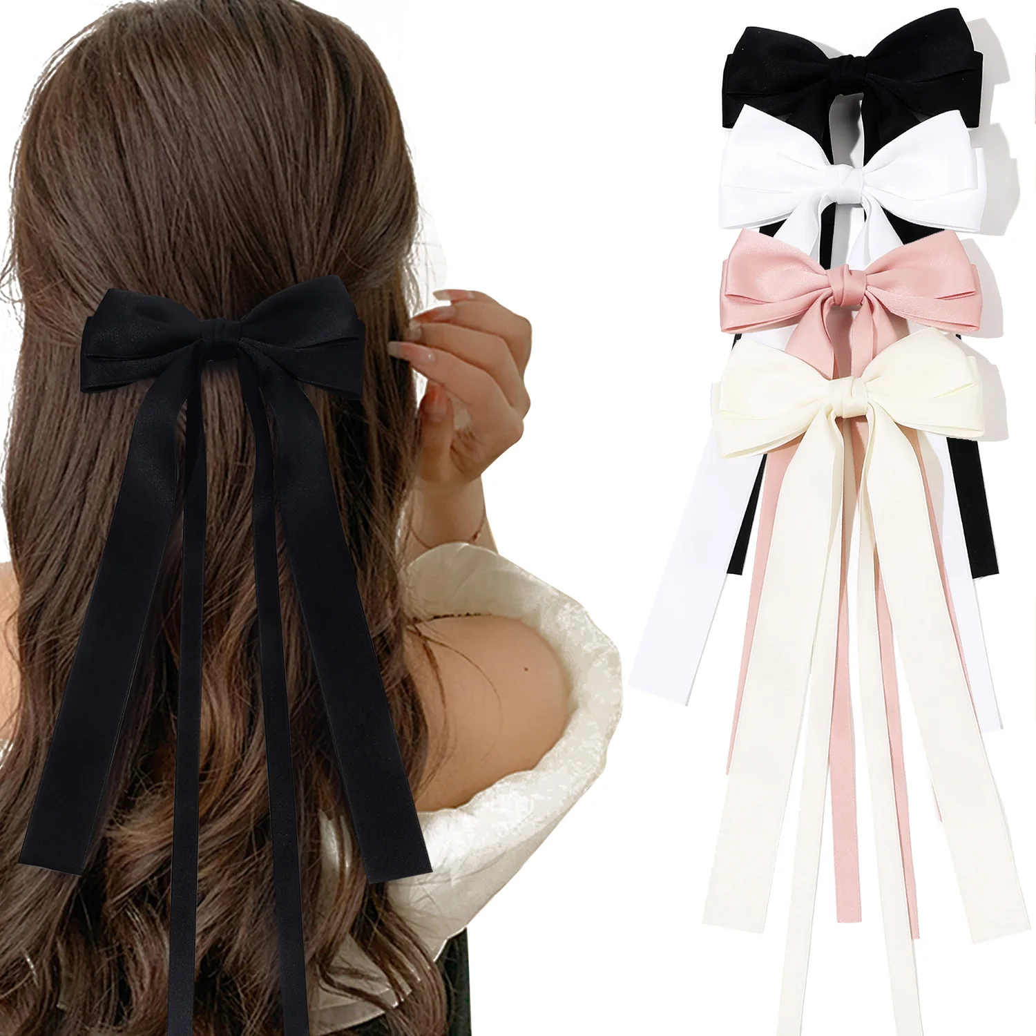 Factory Directly Selling Bows Duckbill Hair Clip Double Layer Polyester Fabric Long Ribbon Hair Bows For Girls Accessories
