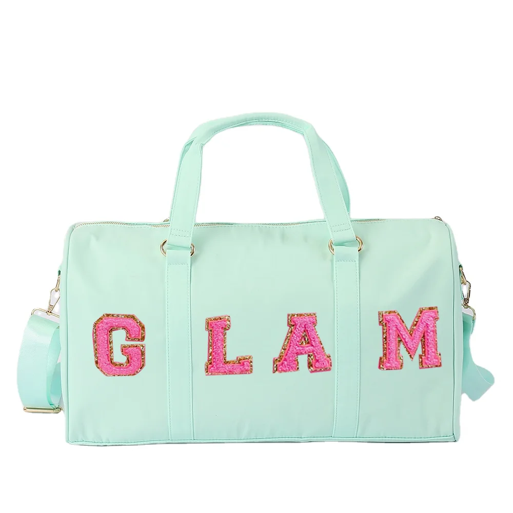 Fashion Travel Outdoor Personalized Large Ruffle Womens Custom Chenille Letter Patch Nylon Duffle Bag