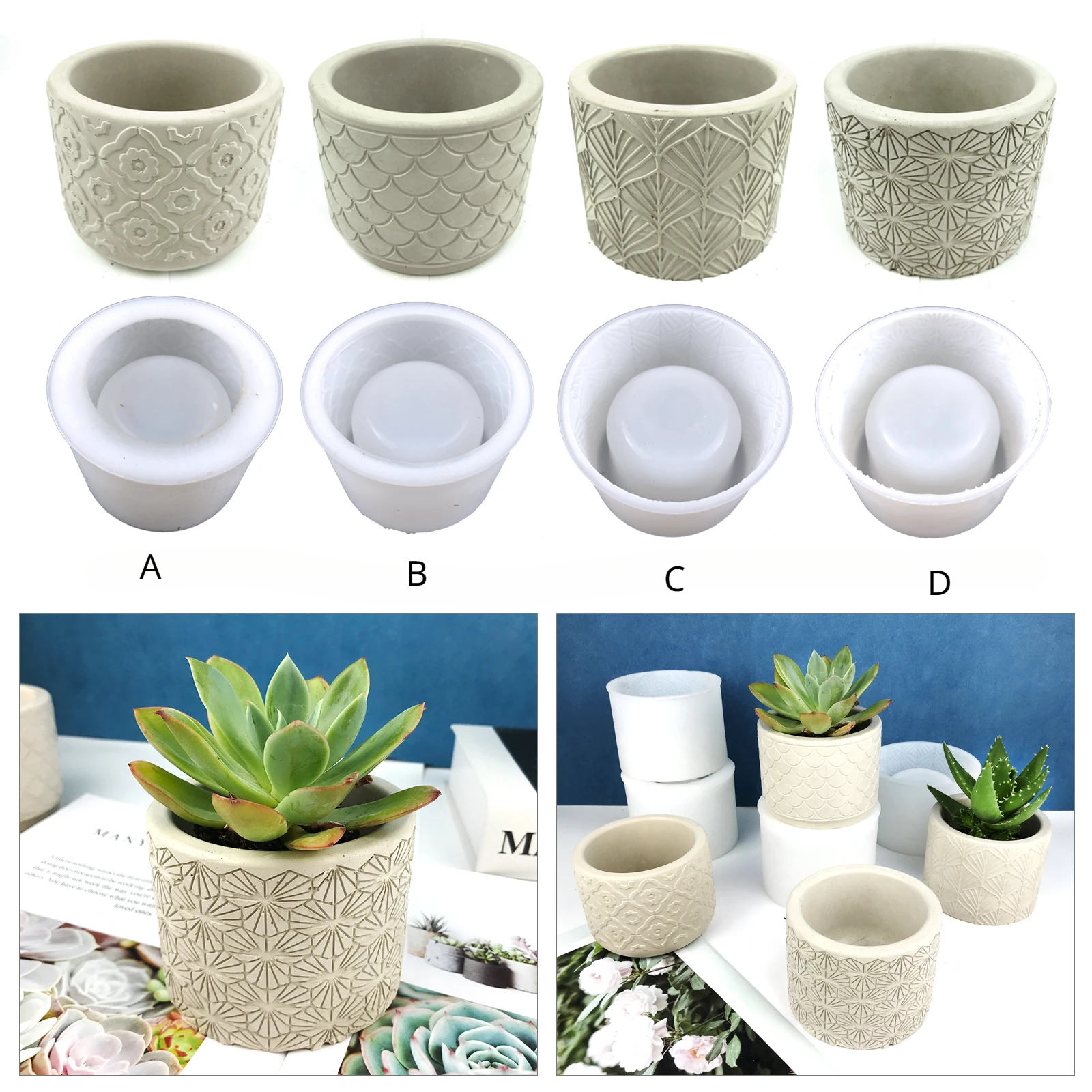 OEM Round fish scale leaf clover flower pot with stripes silicone mold cement plaster Silicone Resin Mold flowerpot molds