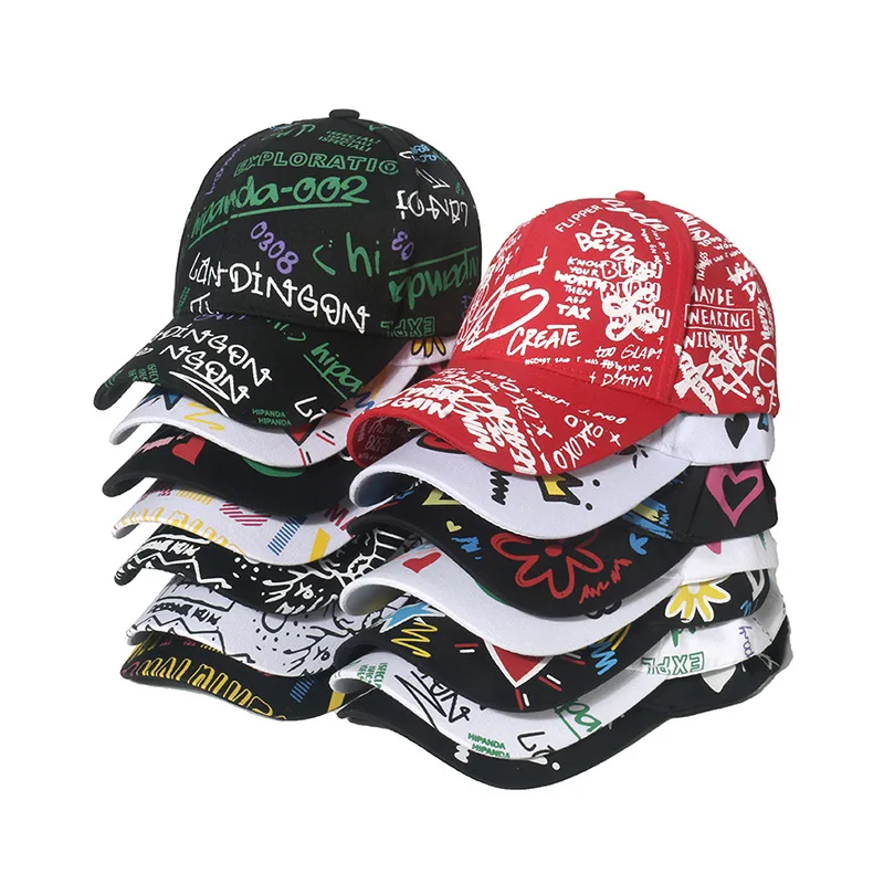 Wholesale Factory Unstructured  Snapback  Sublimation Graffiti 6 Panel Hip Hop Baseball Cap