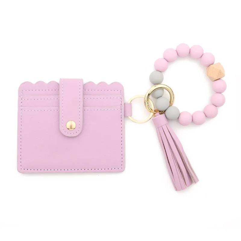 2024 Silicone Beaded Wristlet Keychain Wallet Custom logo Leopard Sunflower Card Holder Wallet Pu Leather Mini Lady Wallet