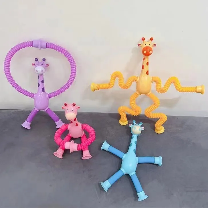 Hot Sell Stretching tube giraffes novel pressure relief toy cartoon sucker telescopic tube giraffe changeable shape light