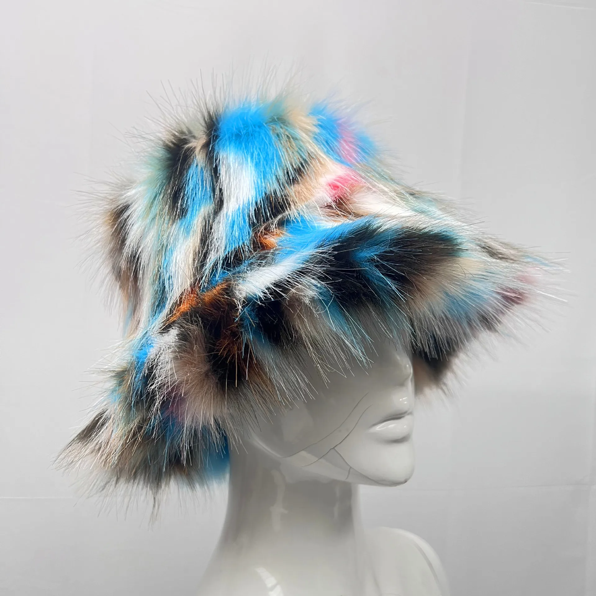 Tie Dye Plush Color Blocking Faux Fur Bucket Hat for Women Fuzzy Party Warm Soft Multi Colors Pattern Fox Fur Winter Hat
