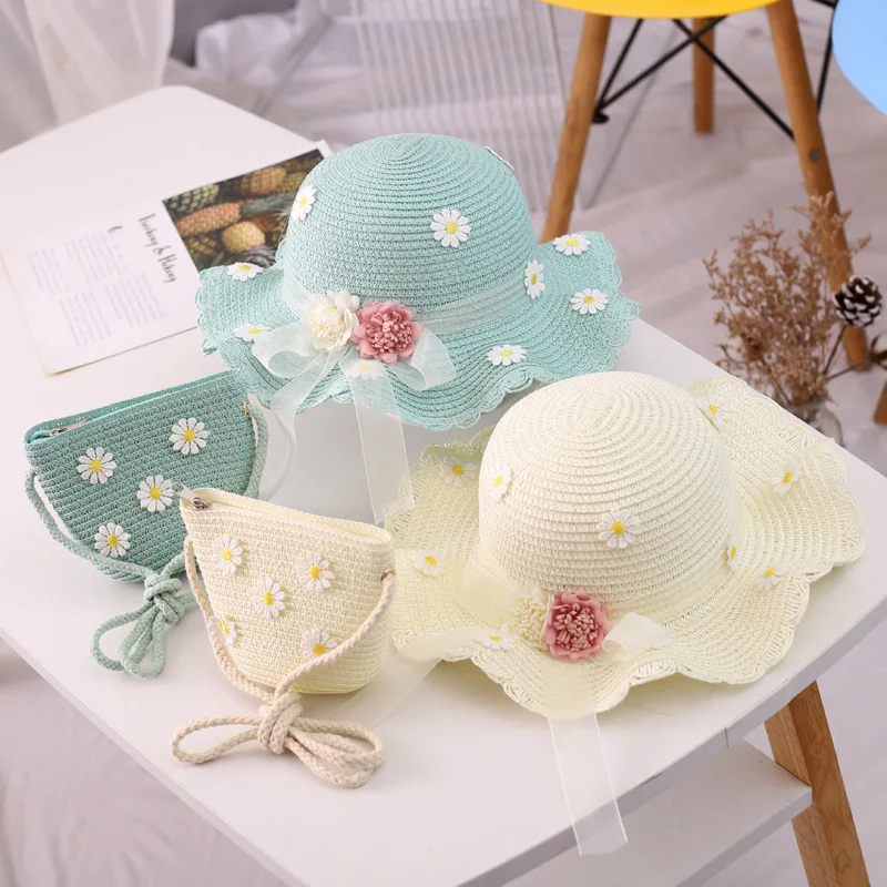 Straw Cap Summer Hat and Bag Set with Big Bow Dot Design Beach Paper Children Unisex Image Sombrero straw hats for children