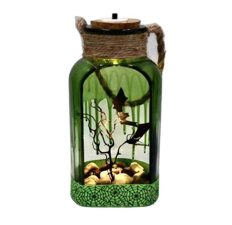 Customized processing Halloween decorative props LED glowing glass jar spider bat hanging ghost skeleton