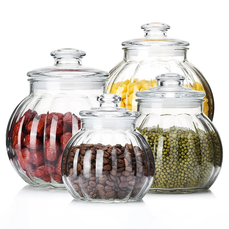 Factory Price Pumpkin Shape 750ml 1300ml 1900ml 2800ml Clear Sealed Glass Storage Jars for Dry Food