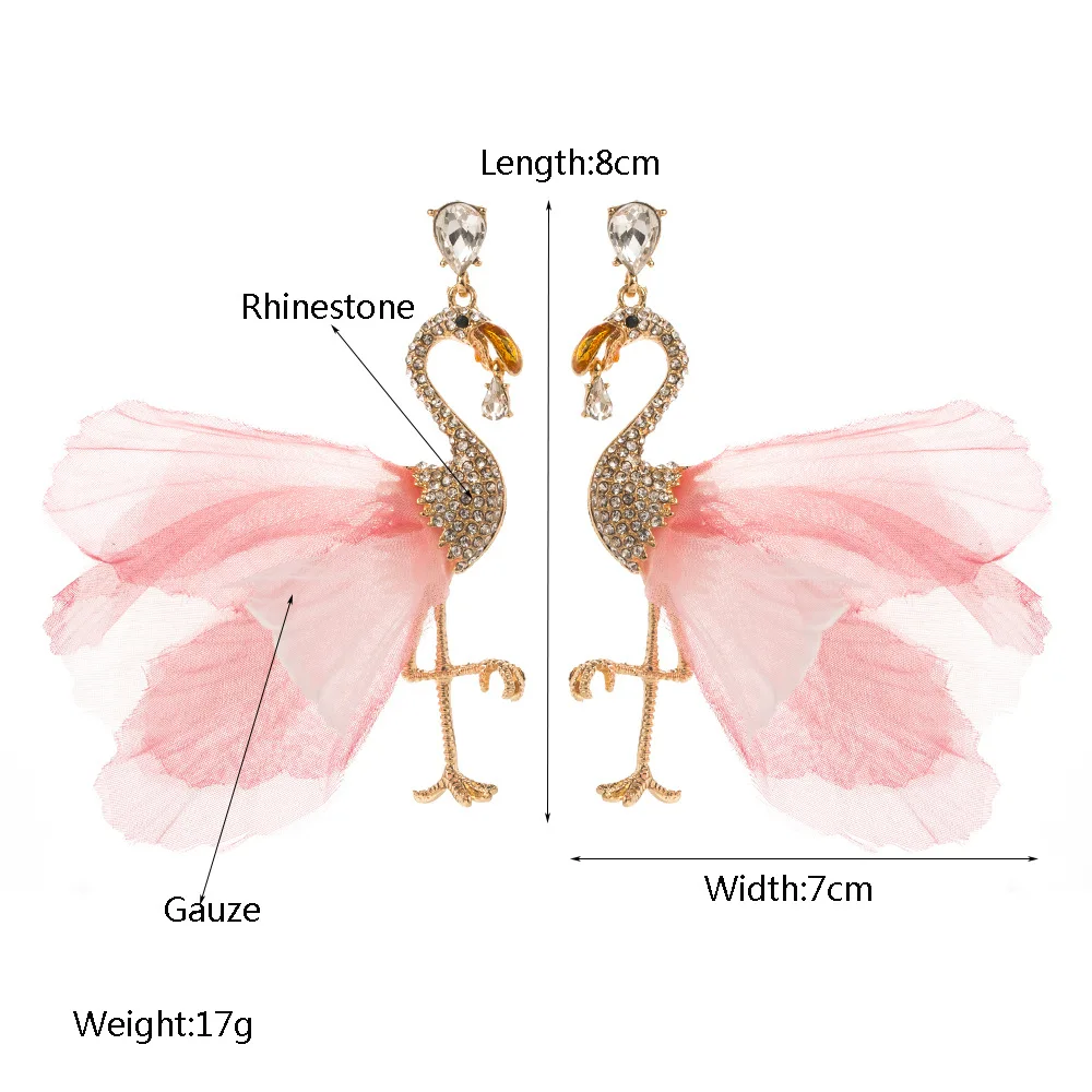 Fashionable diamond studded flamingo mesh earrings super fairy fashion girl earrings versatile temperament personalized earrings
