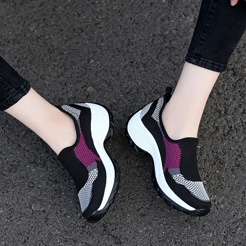 white wedge Height Increasing Shoes Womens Platform Sneakers Walking Slip On Light Weight Mesh Tennis Shoes