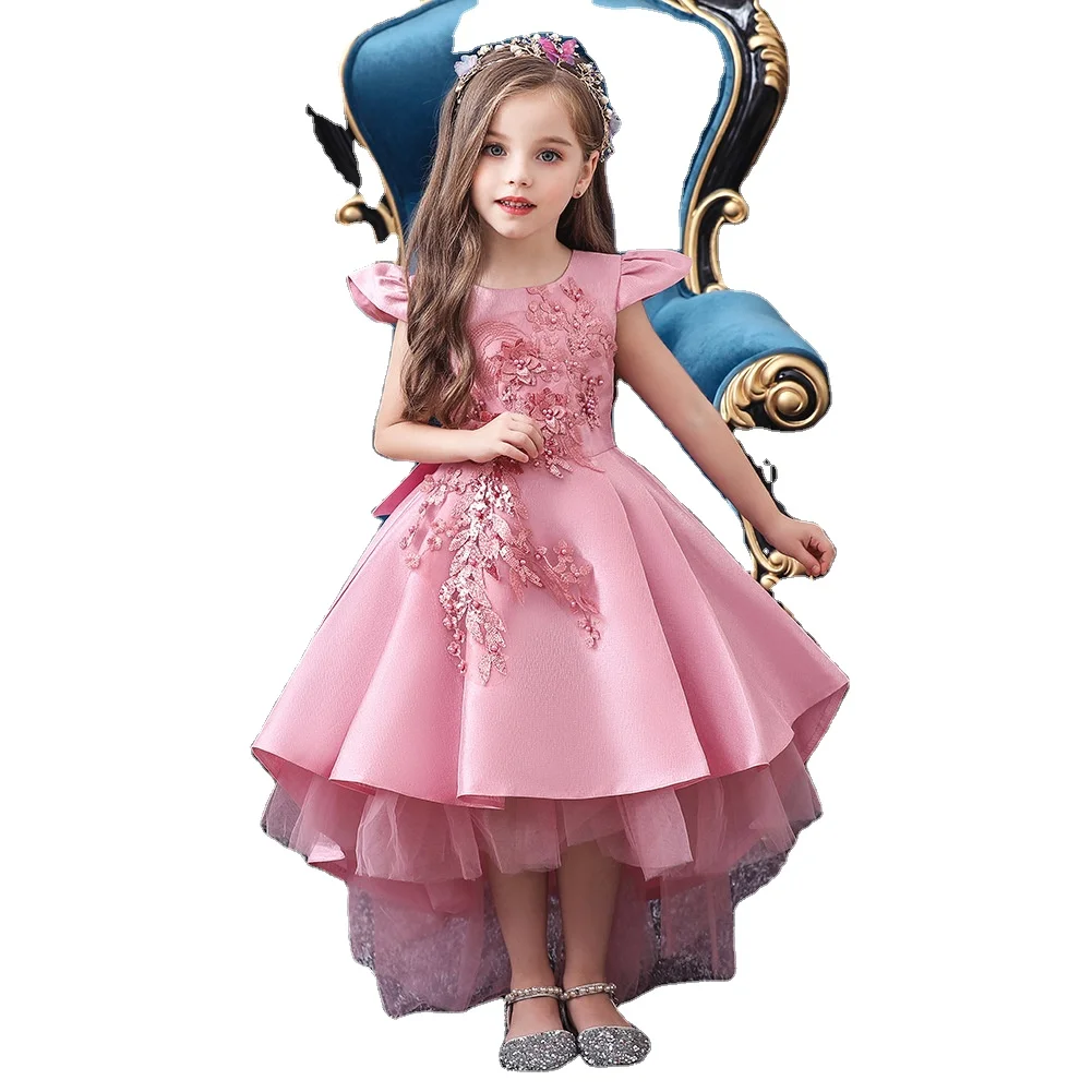 Western style tailed girl wedding dress elegant crew neck baby girls dress design kid beaded dresses for girls of 10 year old