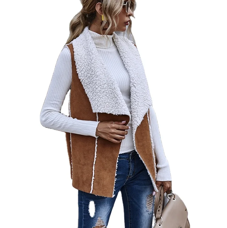 Autumn winter sleeveless reversible large lapel vest jacket women suede fleece vest
