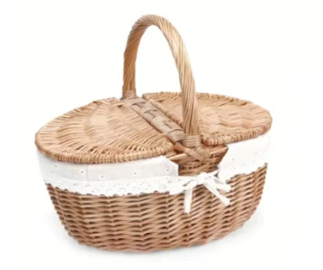 Oval handmade durable wicker picnic storage basket willow woven basket with removable washable lining  for kids camping