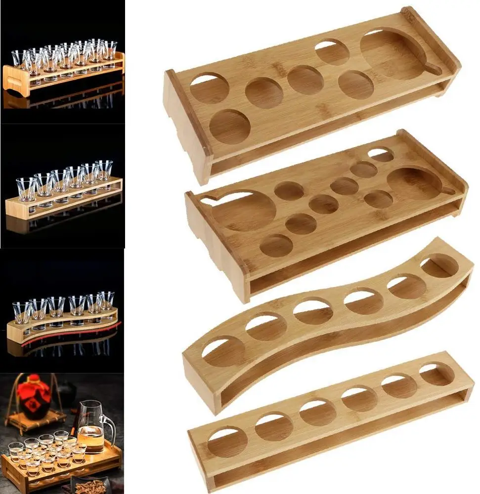 
Bamboo Shot Glass Holder Rack Barware Whisky Cup Serving Tray 