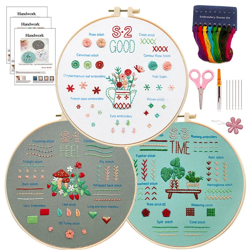 3 Sets Embroidery Stitches Practice Kit Hand Embroidery Kit for Adults Kids Beginners